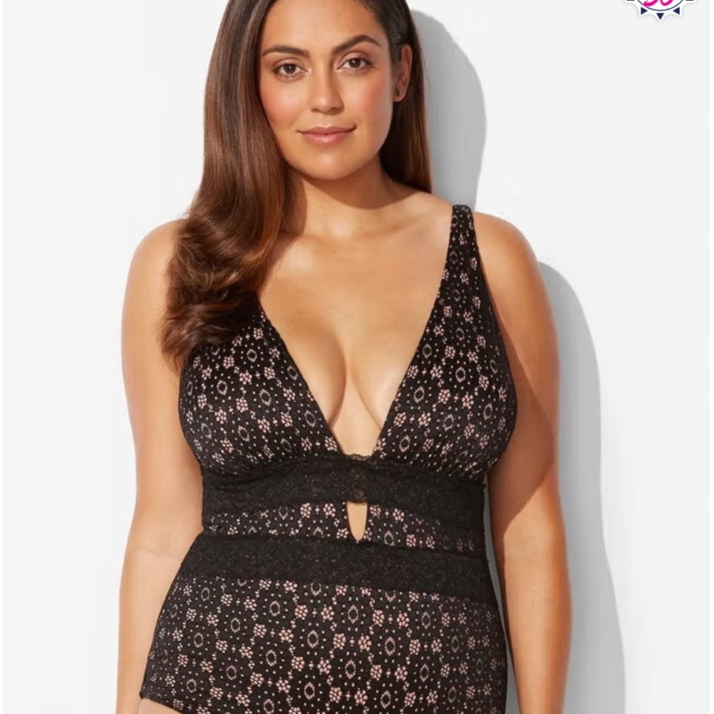 SWIMSUITS FOR ALL Black Lace Plunge One Piece Swimsuit - Picture 2 of 12